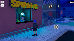 The blue-haired hero outside the Spirihub shop at night, a ghost in the window and $500 on the counter