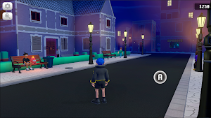 A cobbled town street at night with lamp posts, a bench and a couple in third person
