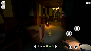 First-person view down a dark hallway with a lantern in hand and a ghost cat on the floor