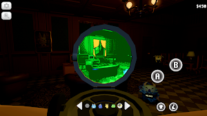 Night-vision camera view of a green sitting room with the gadget wheel below