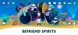 A group posing with large purple and blue spirit creatures — Befriend Spirits