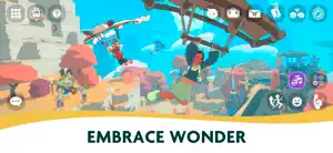 A player looking up at a wooden aerial structure over the settlement — Embrace Wonder