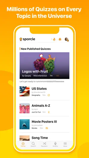 Home feed headed New Published Quizzes, with a Logos with Fruit banner above US States, Animals A-Z and Movie Posters III