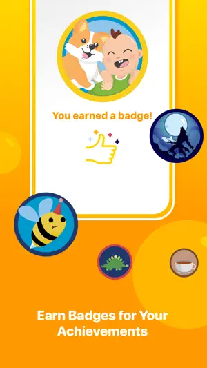 You earned a badge screen with a corgi-and-baby badge, surrounded by bee, stegosaurus, coffee cup and werewolf badges