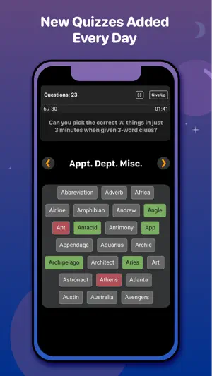 Dark-mode clickable quiz at 6 of 30 with 1:41 left, a grid of words starting with A marked green or red