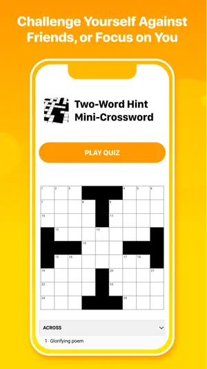 Two-Word Hint Mini-Crossword with a Play Quiz button above an empty grid and the first Across clue