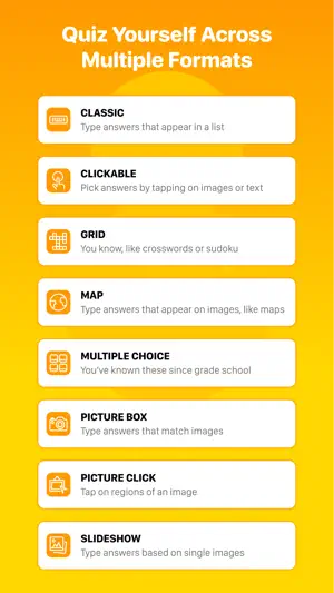 List of eight quiz formats: Classic, Clickable, Grid, Map, Multiple Choice, Picture Box, Picture Click and Slideshow