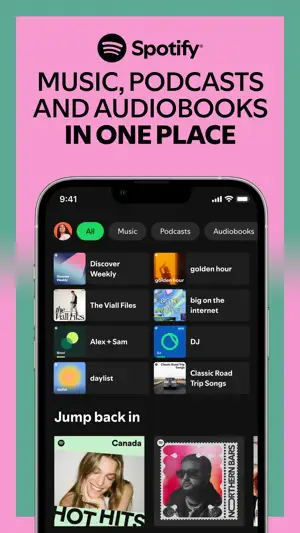 Home screen with All, Music, Podcasts and Audiobooks filters above Discover Weekly