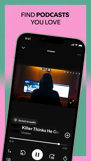 Video podcast player for Unseen with a switch to audio button and 15-second skips