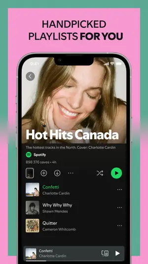 Hot Hits Canada playlist page showing 898,376 saves and a four-hour runtime