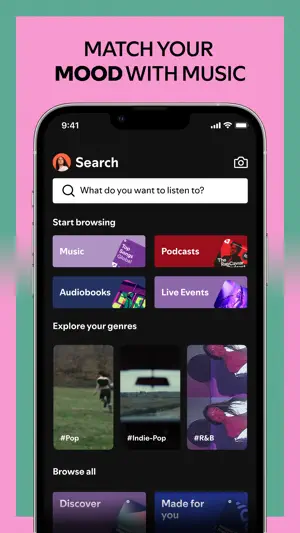 Search screen with Music, Podcasts, Audiobooks and Live Events entry points