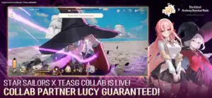 A battle with a witch Partner casting beside collab banner text — Collab Partner Lucy guaranteed