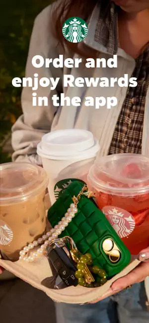 Hand holding a cardboard carrier with an iced latte, a red iced drink, a hot cup, car keys and a green phone case under an order and Rewards headline