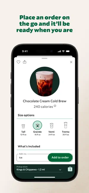 Chocolate Cream Cold Brew order screen showing 240 calories, Tall, Grande, Venti and Trenta sizes, an Add to order button and a pickup store 1.2 miles away
