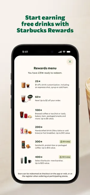Rewards menu with 239 Stars ready to redeem, listing tiers from 25 Stars for a $1 customization up to 400 Stars for merchandise worth up to $20