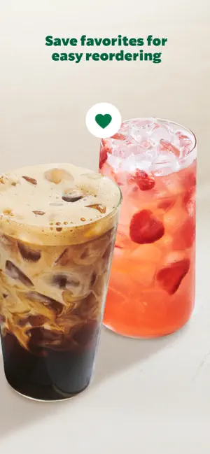 Iced coffee with cream beside a strawberry iced drink marked with a heart icon, illustrating saved favorites for reordering