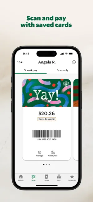 Scan and pay tab with a digital gift card holding $20.26, a label saying it earns 1 Star per $1, a barcode and an Add funds button