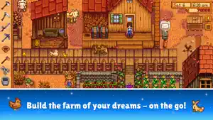 A busy pixel-art farm with a farmhouse, coops, crops and a scarecrow, captioned build the farm of your dreams