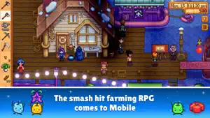 Night festival by the water with lanterns and stalls, captioned the smash hit farming RPG comes to mobile