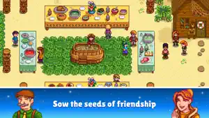 The Luau on the beach with villagers around the potluck soup, captioned sow the seeds of friendship