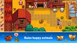 Barn and coop yard with cows, chickens and a pig, captioned raise happy animals