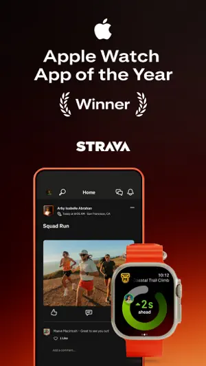 Award badge above a group-run post and a watch showing pace