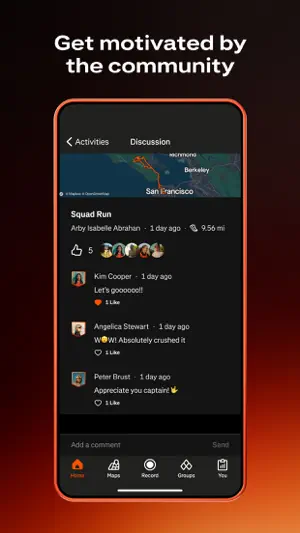 Activity discussion with comments and kudos beneath a run photo