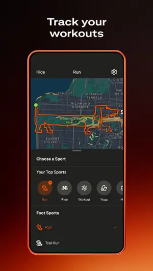 Recording screen with a mapped route and a sport picker open