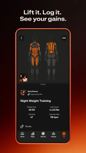 Weight training summary with a body diagram and set totals