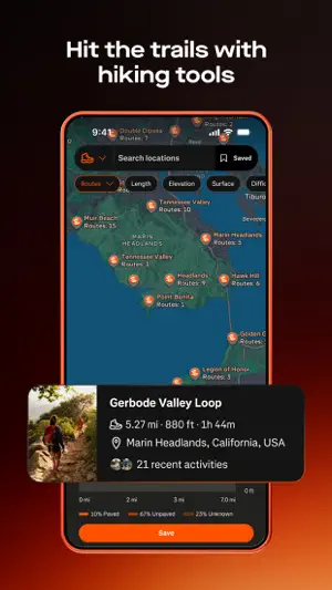 Route map listing a 5.27-mile loop with elevation and surface