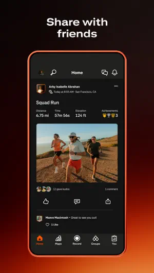 Feed post showing distance, time, elevation and achievements