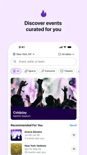 Discover screen set to New York, NY with Sports, Concerts and Theatre filters and a Coldplay at MetLife Stadium card