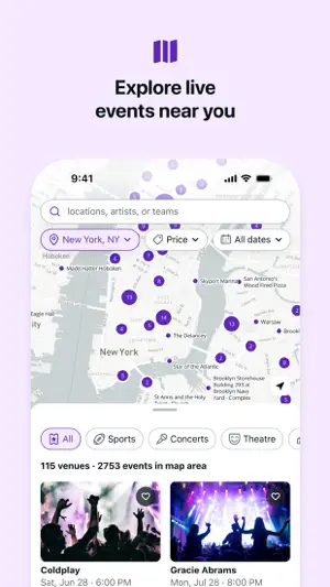Map of New York venues with event-count pins, Price and All dates filters, and 115 venues with 2,753 events in view