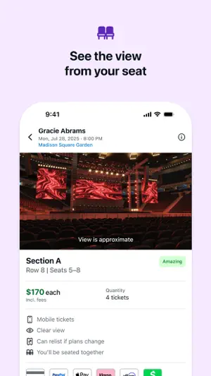 Approximate seat view from Section A, Row 8 at Madison Square Garden, listed at $170 each including fees