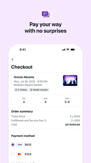 Checkout for two Gracie Abrams tickets: $150 each plus a $20 fulfillment and service fee, US $340.00 total