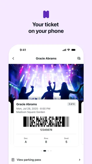 Mobile ticket 2 of 4 for Gracie Abrams at Madison Square Garden with a barcode for Section A, Row 8, Seat 5