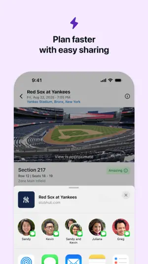 Red Sox at Yankees listing for Section 217, Row 12 with a seat-view photo and a share sheet of contacts