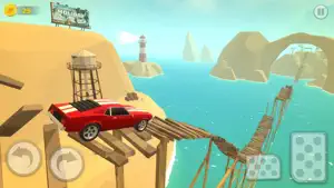 Red muscle car crossing a wooden ramp bridge over a bay with a lighthouse behind