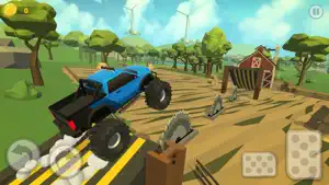 Blue monster truck launching off a plank ramp past wind turbines and a barn