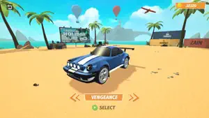 Car select screen on the beach with the blue-striped Vengeance and a Select button