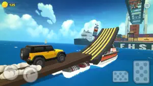 Yellow off-roader jumping from a pier toward a cargo ship as a speedboat passes