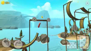 Red car leaping between wooden platforms on a cliffside track