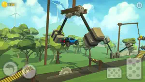 Grey pickup lifted by a crane hook above a forest obstacle course