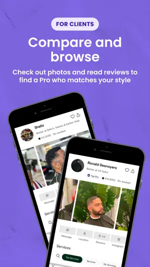 Barber profiles for Shefiz and Ronald Desnoyers of H2 Salon with star ratings, photo galleries and Message, Location and Reviews buttons