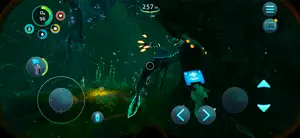 Swimming through a dark kelp biome with the on-screen joysticks and a depth reading of 257 m