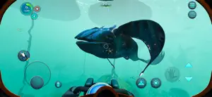 A Shadow Leviathan-scale creature looming in blue water beside the player