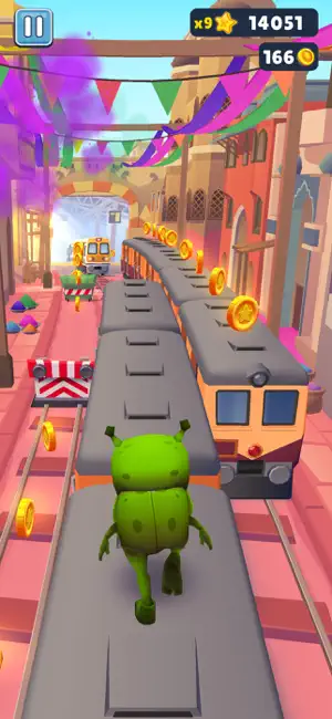 Festival town run with a green character and 166 coins collected