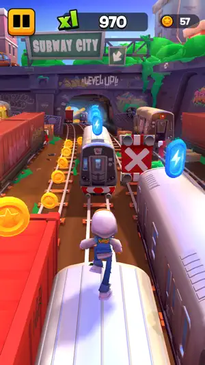 A surfer running along a train roof toward a Subway City sign with a score of 970
