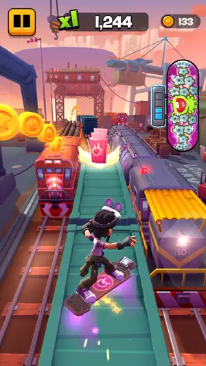 A surfer on a glowing hoverboard between trains on a bridge at sunset