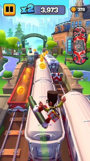 Hoverboarding past a park with a x2 multiplier and 3,973 points